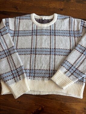 Z Supply Cream Crewneck Sweater with Gray, Blue & Brown Plaid